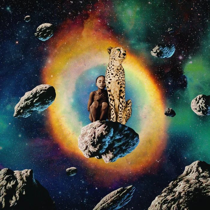 A child sitting on a rock in space with a leopard beside them, surrounded by colorful cosmic elements and asteroids.