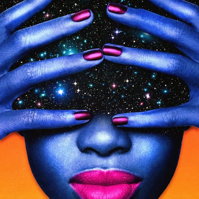 A striking artistic representation of a person with blue skin and vibrant pink lips, holding their hands over their eyes, revealing a cosmic galaxy scene emanating from their head.