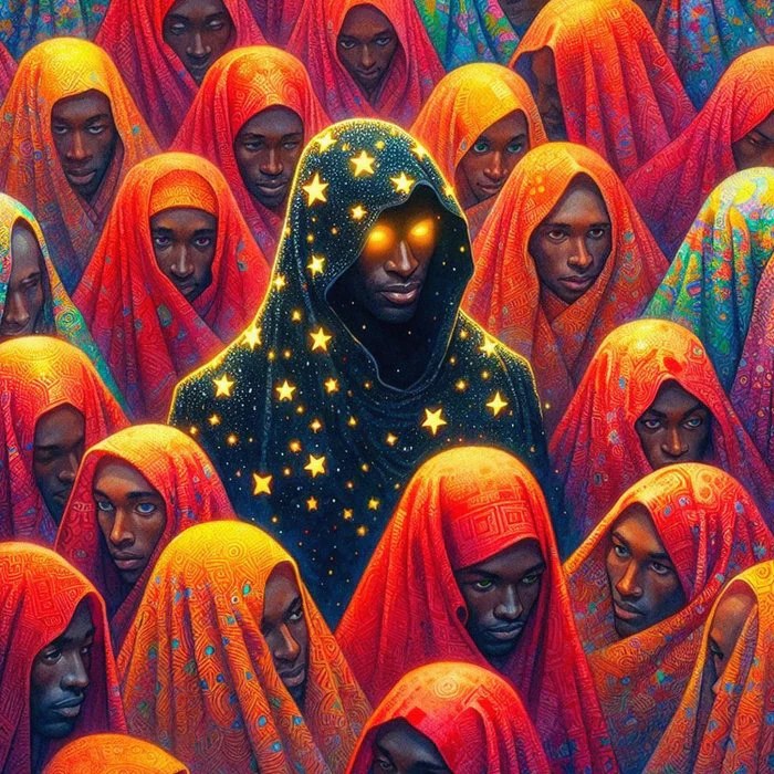A central figure in a starry hooded cloak stands out among a crowd of individuals wearing vibrant red headscarves, creating a striking visual contrast.