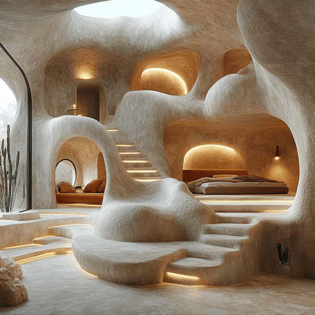 A modern, sculptural interior of a home with organic shapes, featuring smooth, textured walls, a staircase with built-in lighting, and a cozy bed area, all illuminated by warm ambient lighting.