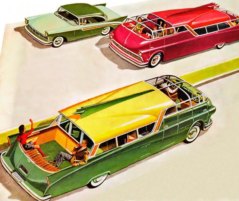 retro futuristic car with oversized workshop inside of it.