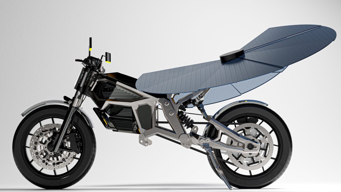 A sleek, modern electric motorcycle featuring a unique aerodynamic design and a large rear wing.