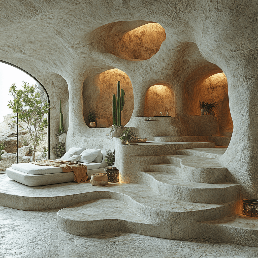 Interior of a modern, organic-style room featuring curved walls, a bed with decorative pillows, and steps leading to different areas. Cacti and plants are placed decoratively, with warm lighting highlighting the textured surfaces.