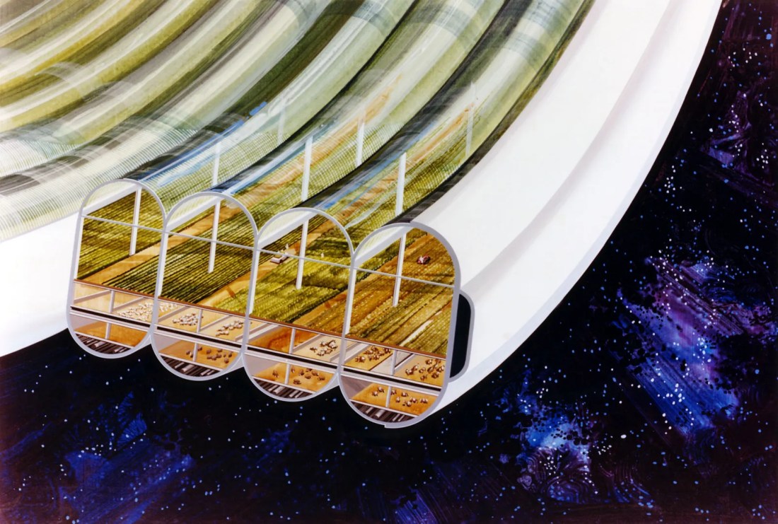 Space colony concept art showing farmland and housing inside a rotating orbital cylinder