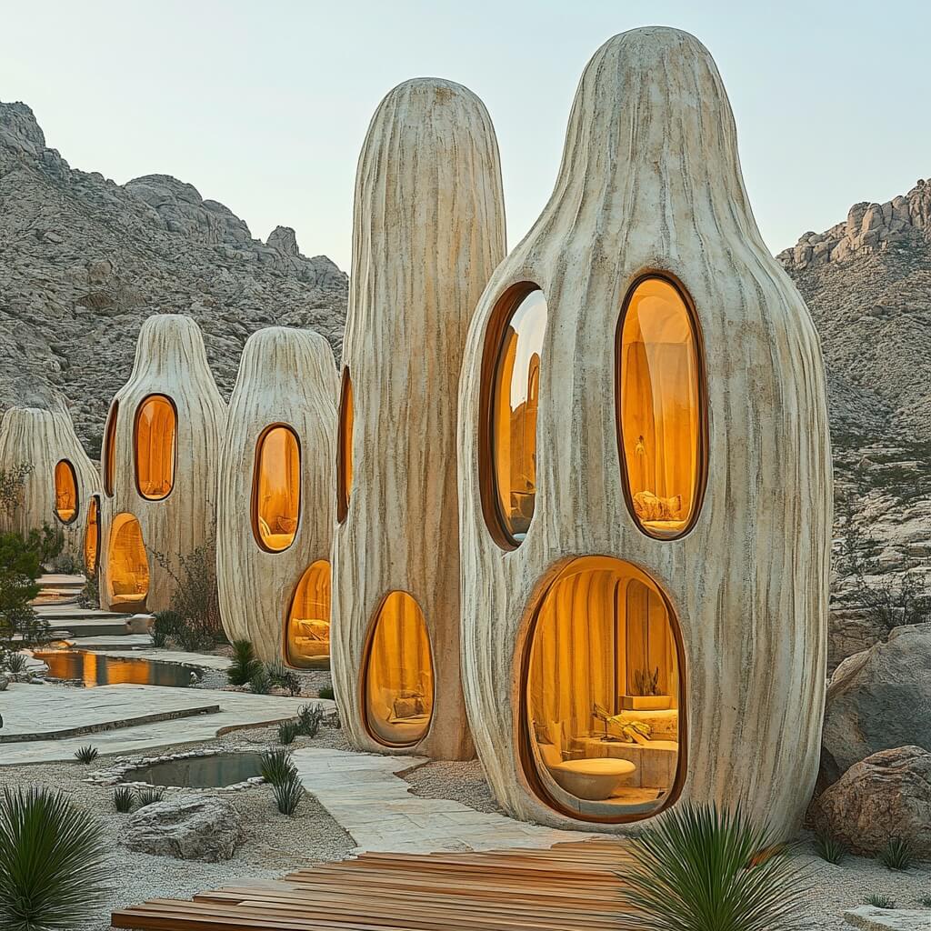 Unique sculptural buildings with rounded shapes and large, oval windows set against a rocky landscape, illuminated from within.