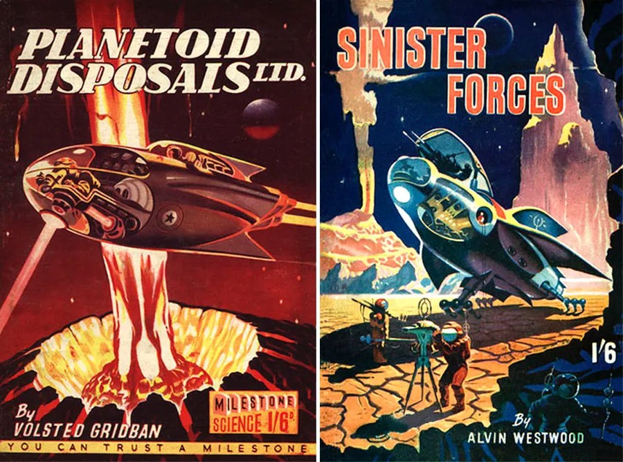 1950s science fiction pulp magazine cover art with rockets and planets