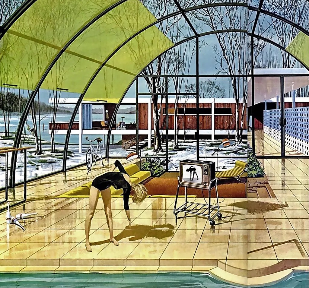 A futuristic illustration from the 1950s showing a woman bending down near a pool in a modern, glass-enclosed living space with mid-century design elements and a view of the outdoors.