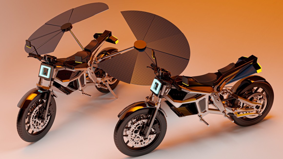 Two futuristic motorcycles with large, circular umbrellas on each side, set against an orange gradient background.