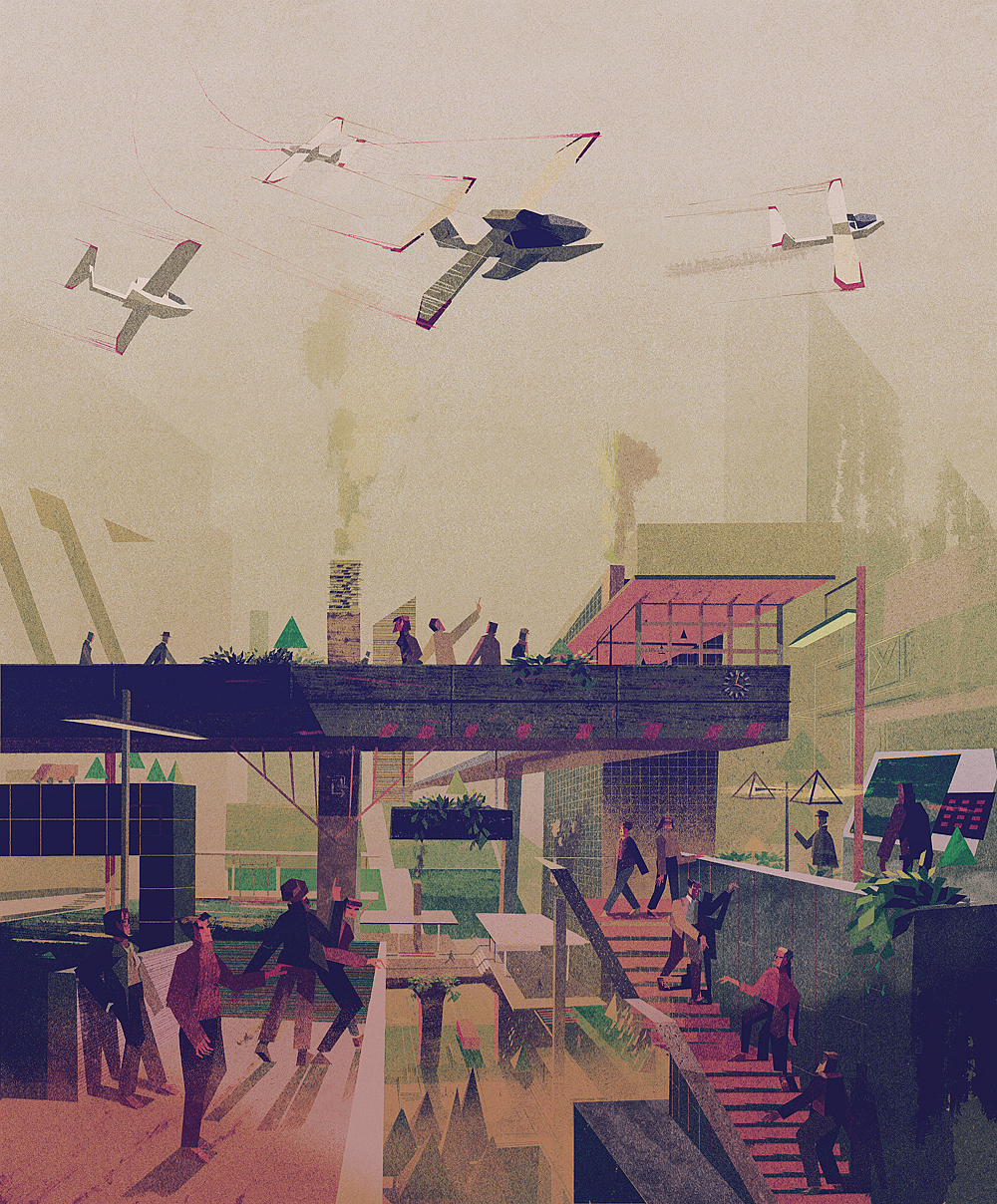 An illustrated scene depicting a futuristic urban environment with people walking around and flying vehicles overhead. The architecture features greenery and modern design elements.