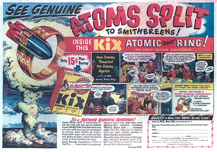 Vintage promotional advertisement for the Kix Atomic Bomb ring, featuring colorful illustrations and text emphasizing its secret message compartment and scientific appeal.