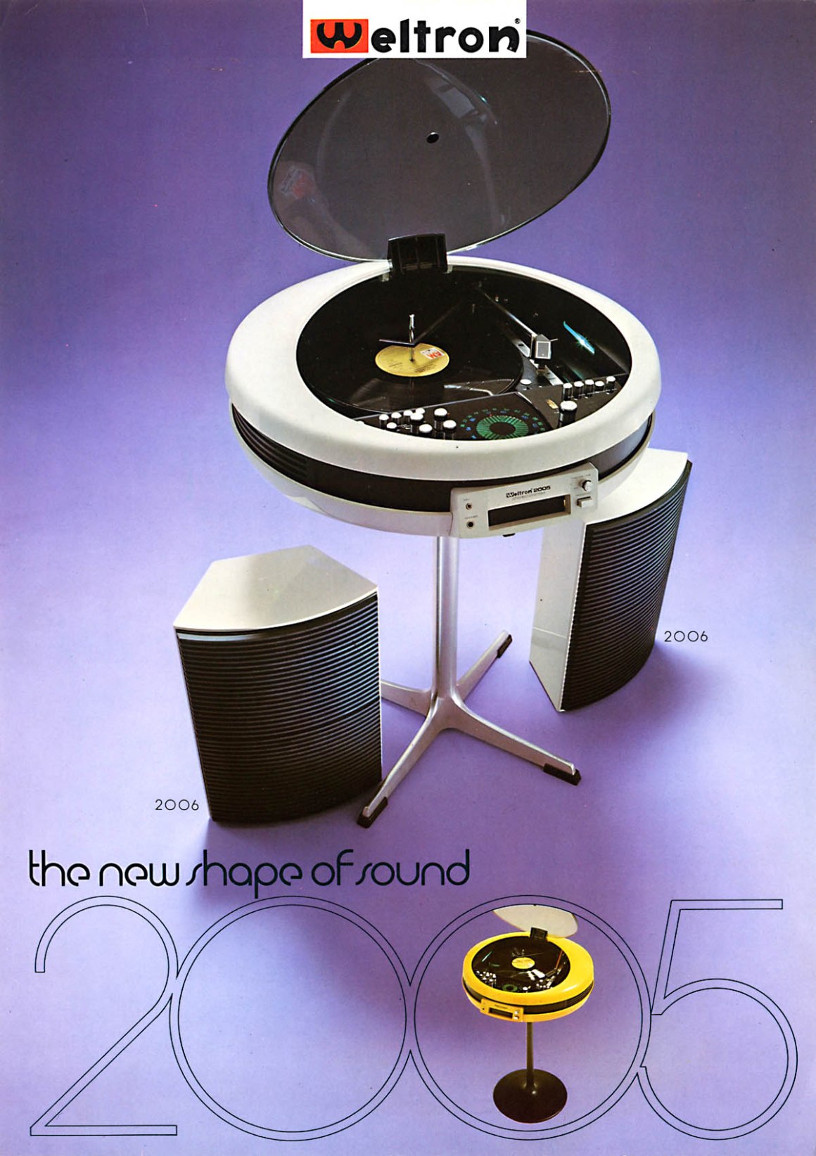 A vintage Weltron stereo system featuring a round turntable with a clear lid, two vertical speakers on either side, and a modern design set against a purple background. The text includes 'the new shape of sound' and '2006', with a smaller image of a yellow version of the turntable.