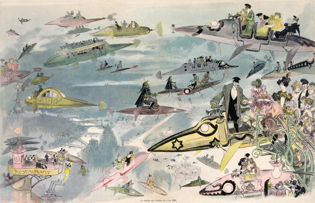 Albert Robida engraving of Paris in the year 2000 with flying machines