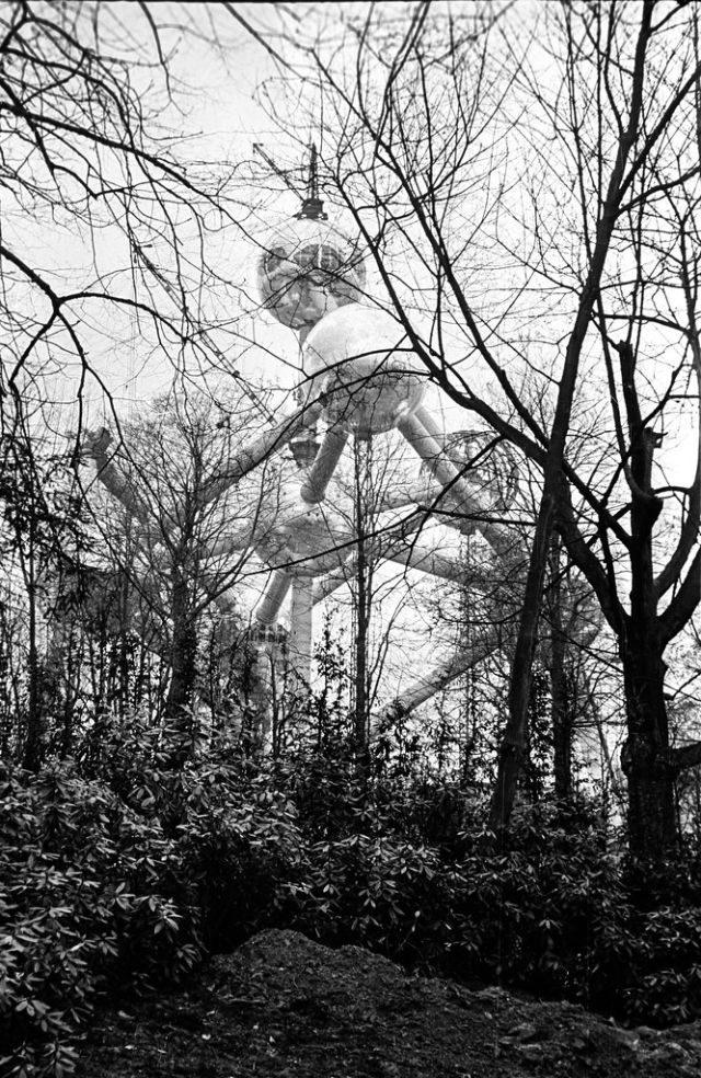 A black and white photograph of the Atomium in Brussels, partially obscured by trees and bushes, capturing its unique structure and spherical forms.