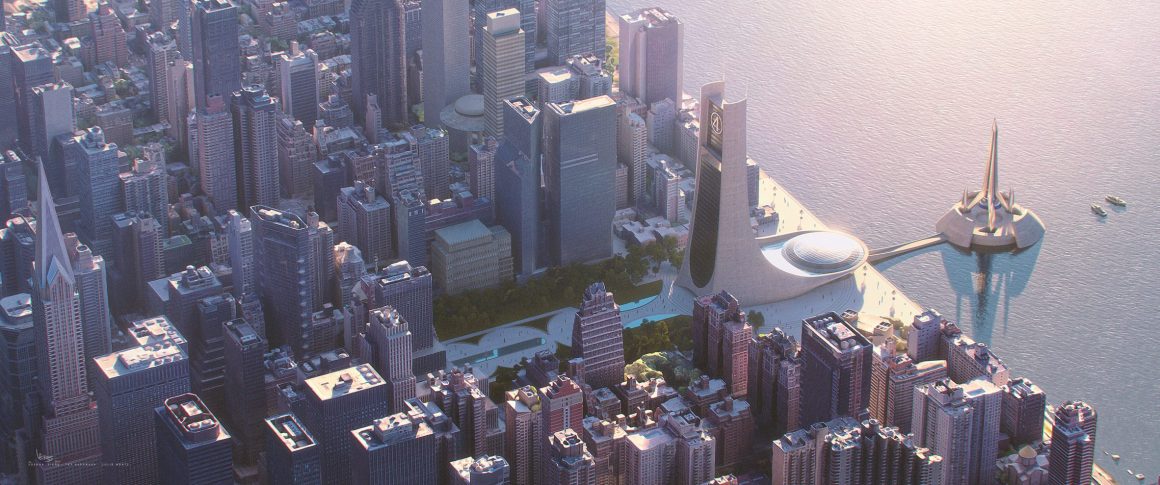 Aerial view of a modern city with skyscrapers, featuring a waterfront area with unique architectural structures and green spaces.