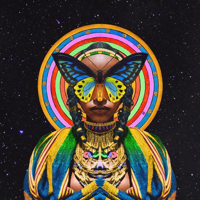 A vibrant digital artwork featuring a figure with a colorful butterfly covering the face, adorned with jewelry and traditional clothing, set against a starry background with concentric circles radiating behind them.