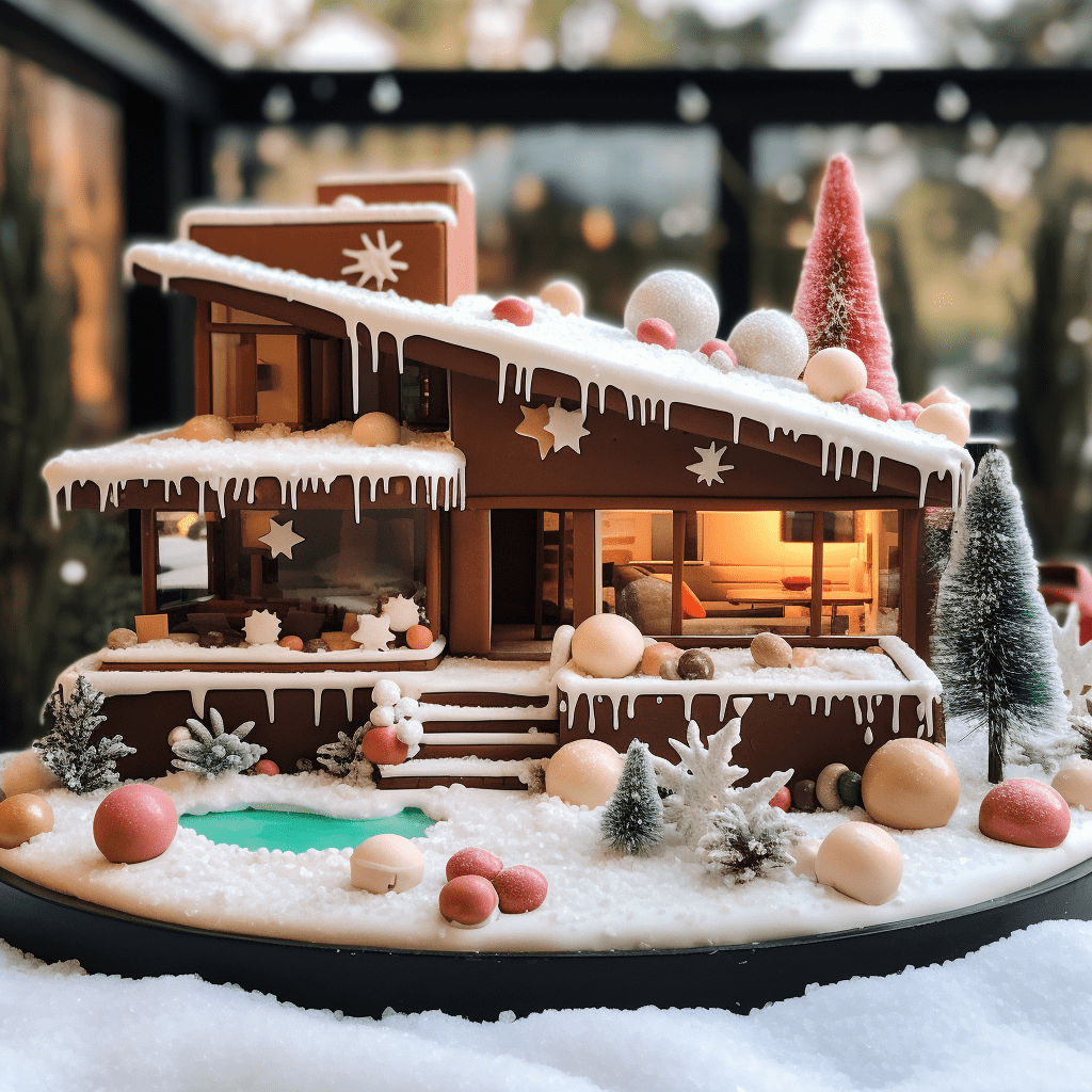 Gingerbread house shaped like a midcentury modern home with a butterfly roof