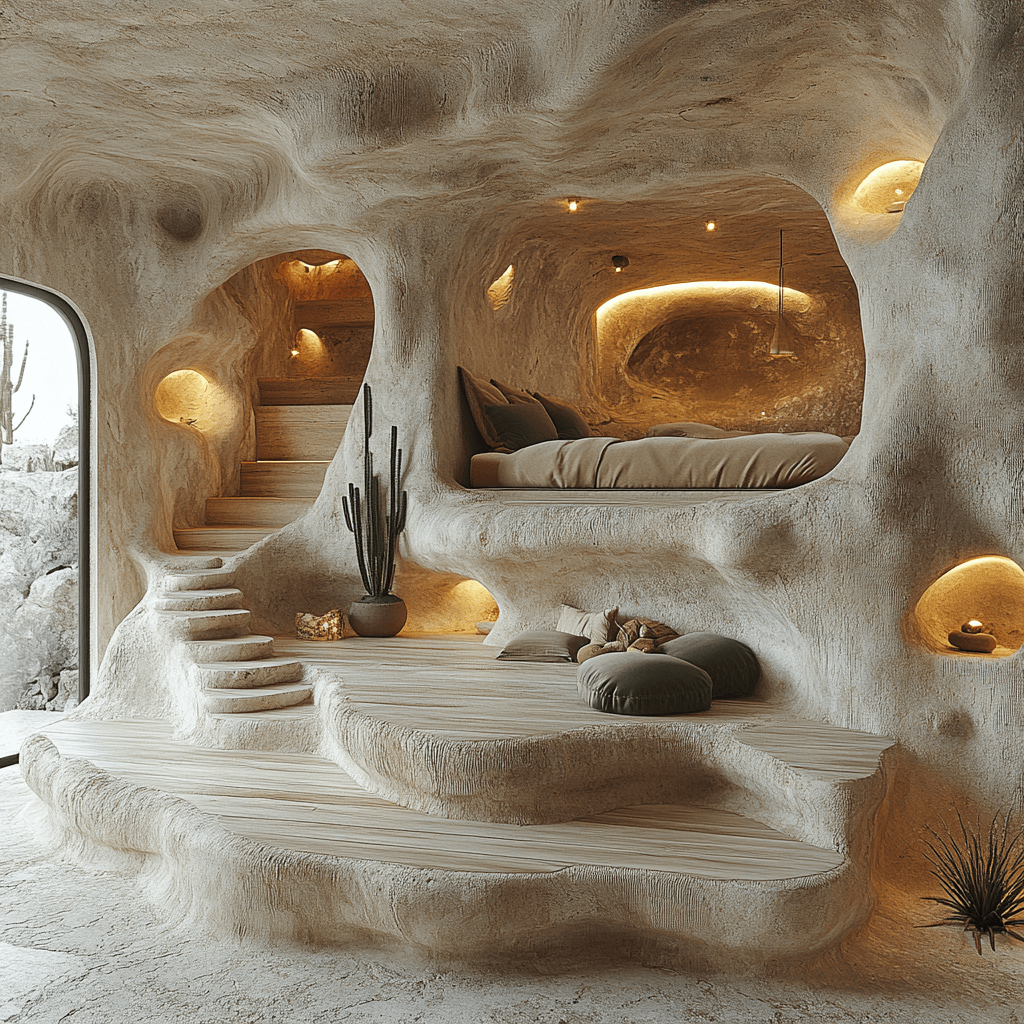A modern, organic-shaped interior featuring a stairway, a cozy bed, soft cushions, and decorative plants, illuminated by ambient lighting.