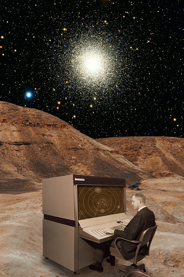 A man sits at a vintage computer monitor displaying cosmic data, set against a surreal backdrop of a starry sky and a barren landscape.
