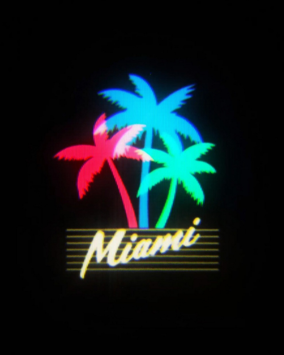 Colorful neon palm trees with the word 'Miami' written below in a retro font on a dark background.