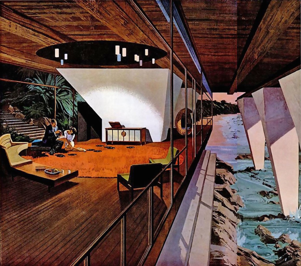 An illustration depicting a futuristic mid-century living room featuring large glass windows, modern furniture, and a scenic water view. The design includes a round ceiling fixture and an orange rug, capturing the essence of retro-futurism.