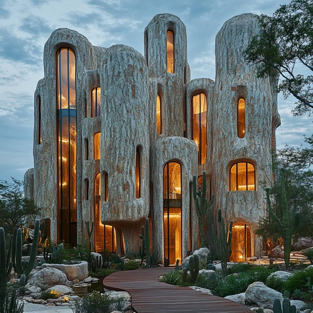 A modern architectural building with a textured stone facade and large, irregular windows, surrounded by desert landscaping and cacti.