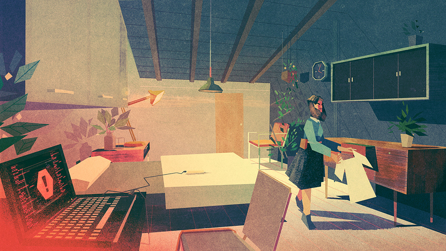 A stylized illustration of a modern bedroom with a woman organizing papers. The room features plants, a computer, and wooden furniture, with a large window and ceiling beams.
