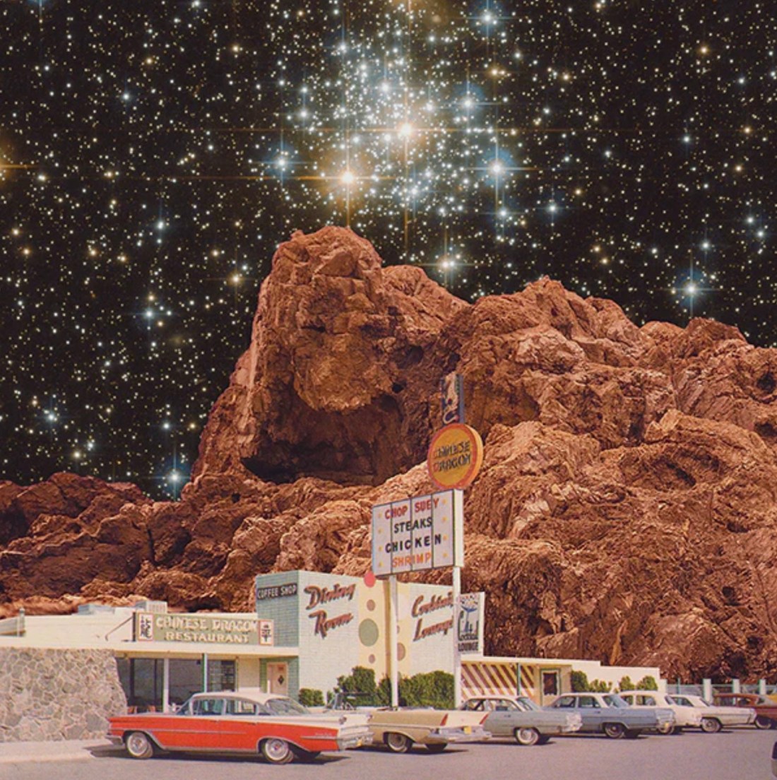 Retro futuristic artwork evoking nostalgic space tourism scenes