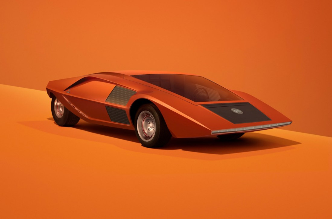Lancia Stratos Zero wedge concept car in bronze, photographed head on