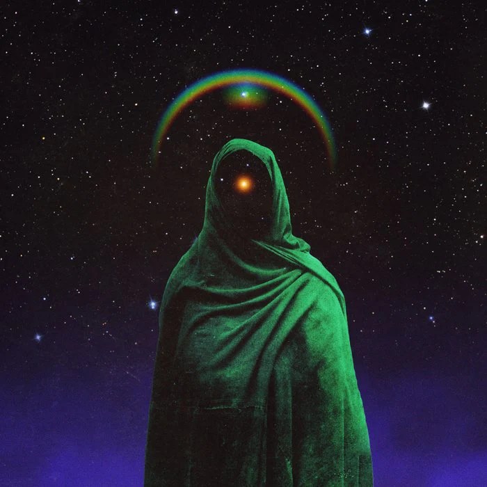 A cloaked figure with a glowing orb for a face stands against a starry background, framed by a rainbow halo.