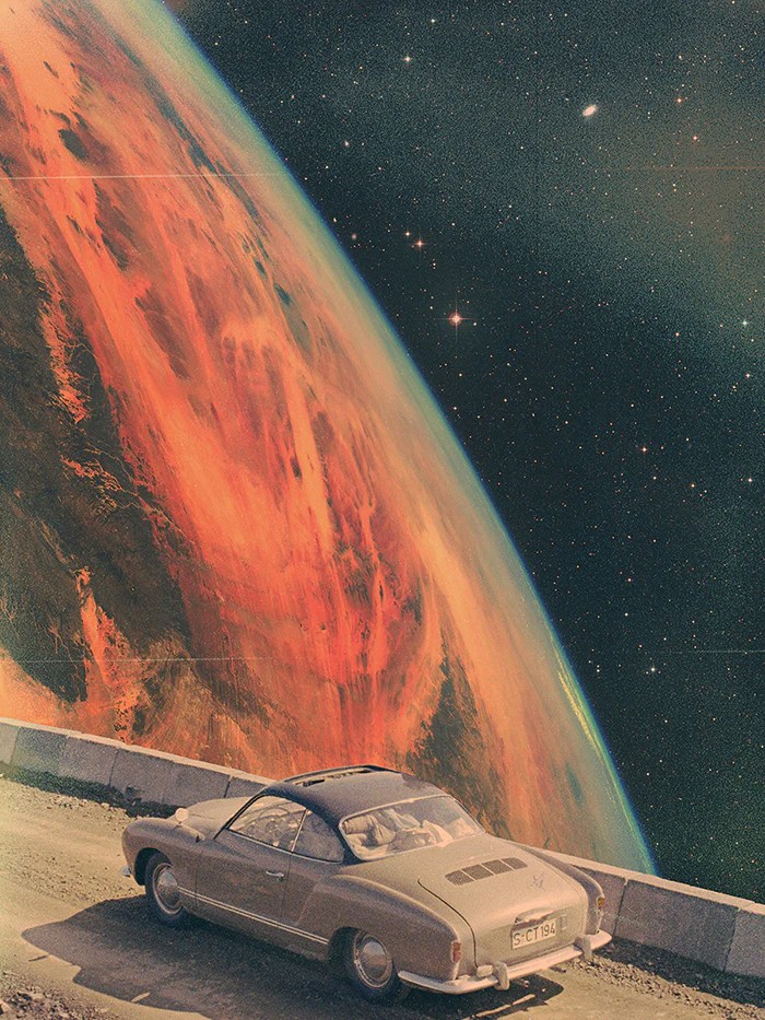 A vintage car parked on a cliff with a stunning view of a colorful planet and a starry sky in the background.