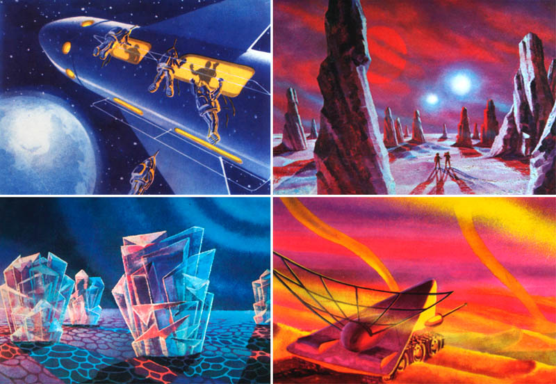 Vintage science fiction illustration of a busy futuristic spaceport
