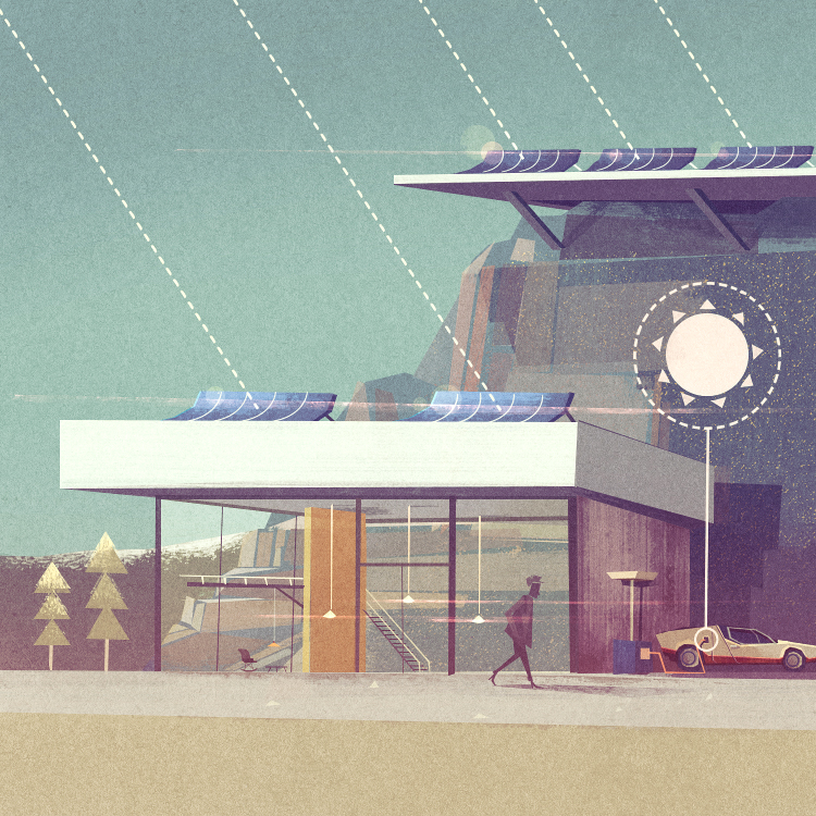 A stylized illustration of a modern, eco-friendly building with solar panels on the roof, set against a mountainous background. A person walks by the entrance, while a vintage car is parked nearby.