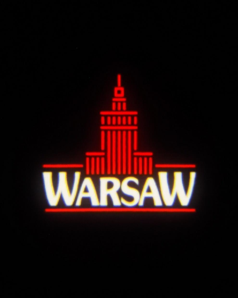 Logo of Warsaw featuring a stylized illustration of a building and the word 'WARSAW' in bold letters, illuminated in red and white against a black background.