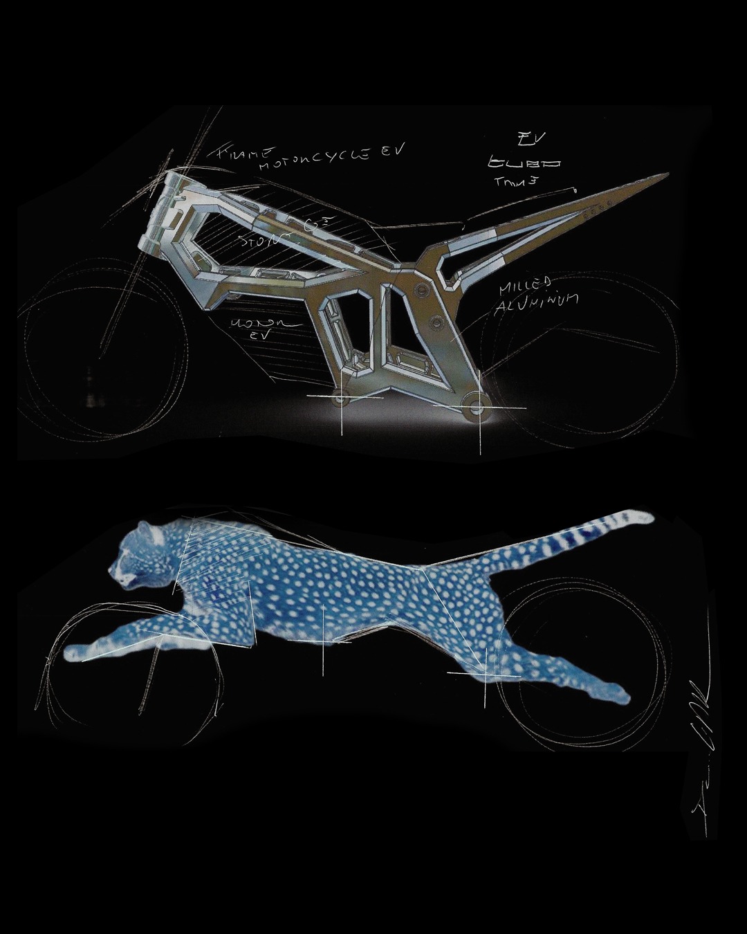 A conceptual design of an electric motorcycle frame alongside a silhouette of a running cheetah, with technical annotations and measurements.