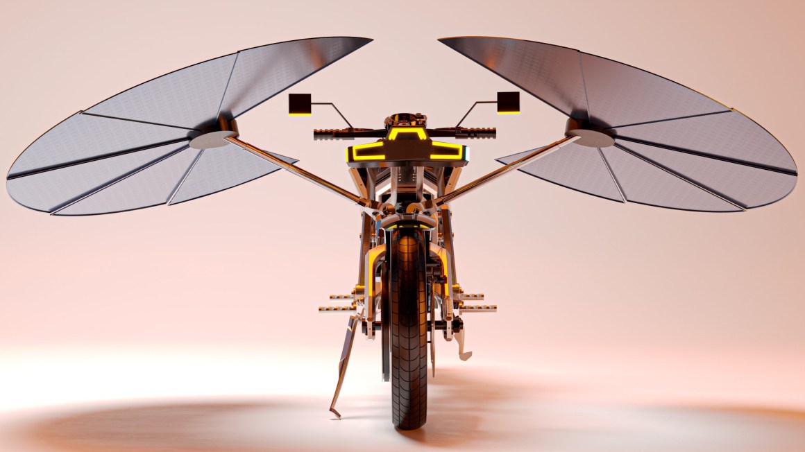 A futuristic motorcycle design with large, wing-like solar panels extending from the rear, showcasing a sleek and modern aesthetic.