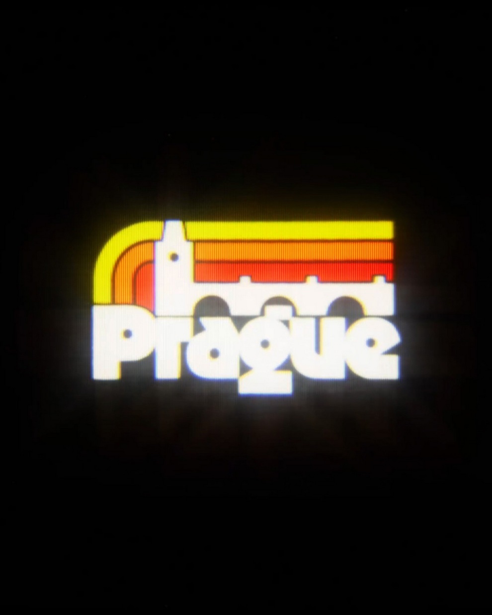 Stylized graphic logo of Prague featuring the city's skyline in bright colors.
