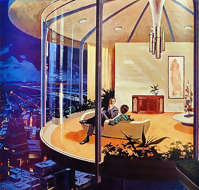 An illustration depicting a futuristic living space, featuring a circular room with large glass windows, two people seated on a curved sofa, and mid-century decor elements, all set against a night cityscape.