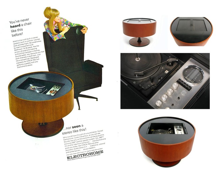 An advertisement featuring a unique chair with an integrated stereo system, showcasing a stylish design and functional elements.