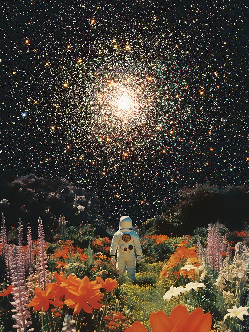 An astronaut stands in a colorful flower field, gazing up at a star-filled galaxy in the night sky.