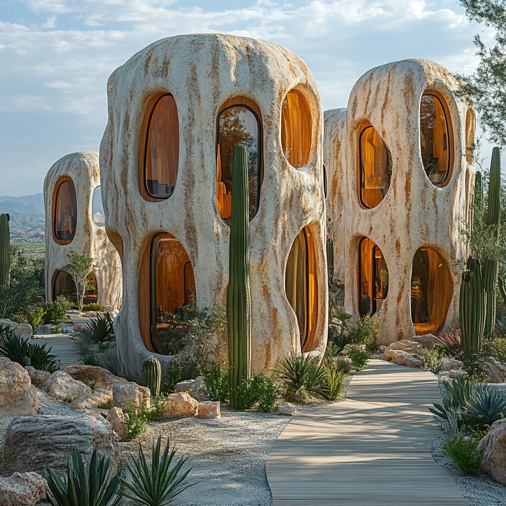 Unique architectural structures resembling organic forms amidst cacti and greenery, with warm light emanating from the windows.