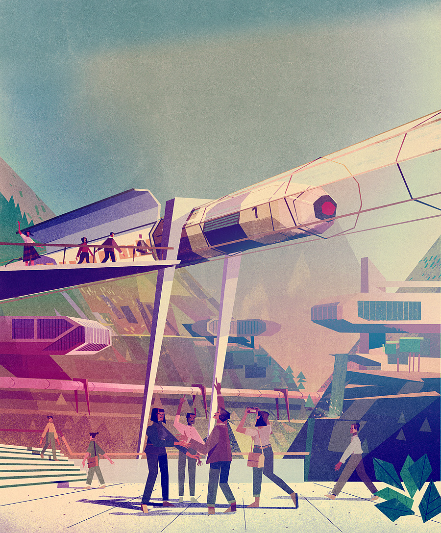 A colorful, stylized illustration depicting a futuristic urban landscape with people interacting near a modern transportation system and mountain background.