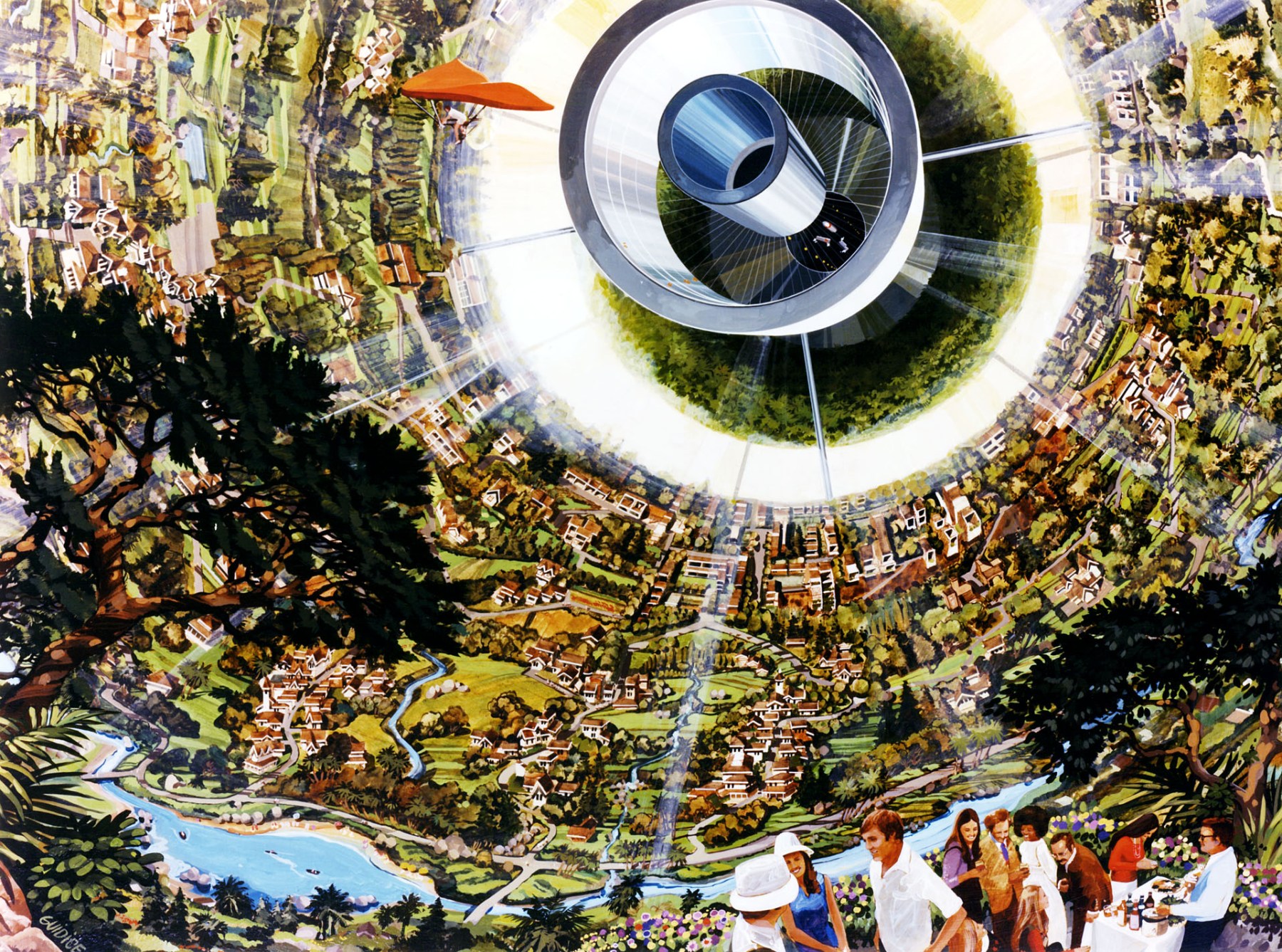 1970s NASA space colony concept painting of a vast orbital habitat interior