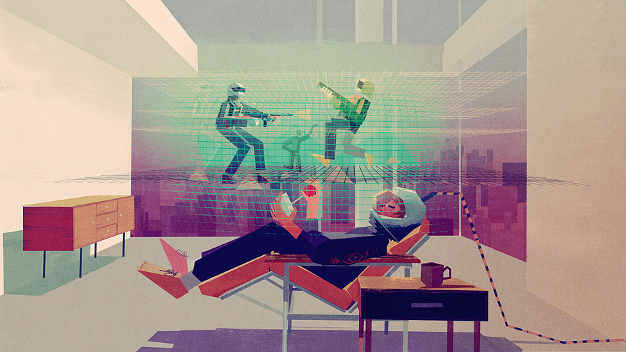 A digital art illustration depicting a person reclining in a chair wearing a headset, immersed in a virtual reality scenario with two figures engaging in a standoff, surrounded by geometric lines and a stylized urban background.