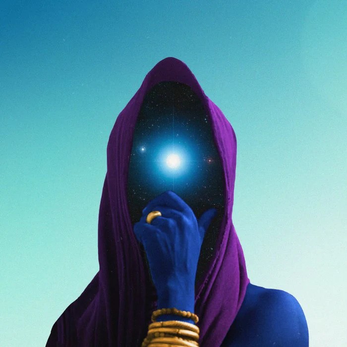 An abstract figure cloaked in purple with a blue skin tone and a cosmic void instead of a face, holding a finger to its lips against a gradient background.