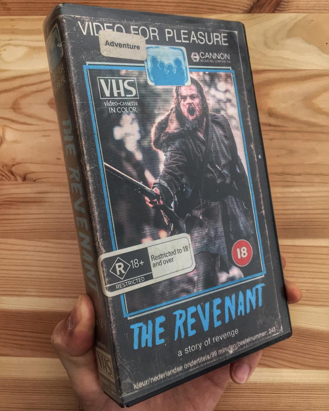 Contemporary movie rendered as a weathered 1980s VHS cassette sleeve