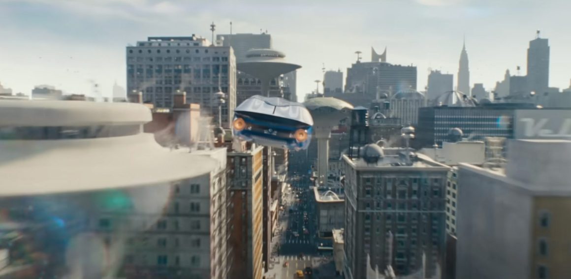 A futuristic flying car soaring over a bustling cityscape with skyscrapers and unusual architectural features under a clear sky.
