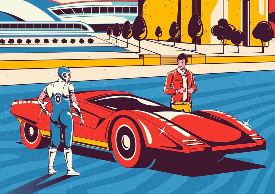 Orkhan Isayev illustration of a retro futuristic art deco city