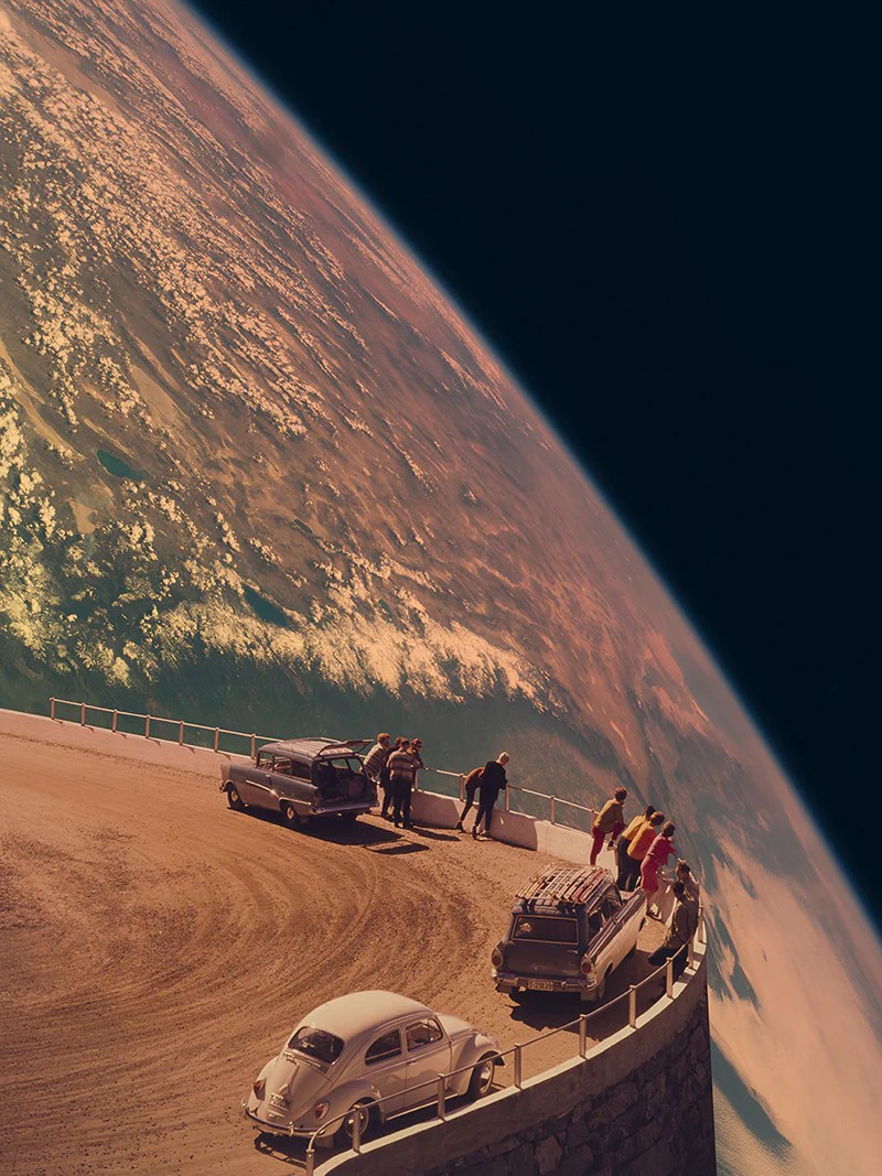 A surreal scene featuring several vintage cars parked on a curved pathway, with people standing near the edge and gazing at a breathtaking view of Earth from space, highlighted by a vibrant atmosphere.