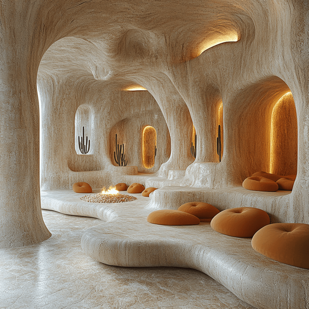 A cozy, modern interior space with smooth, organic shapes, featuring warm lighting, orange cushions, a central fire pit surrounded by pebbles, and cactus decorations.