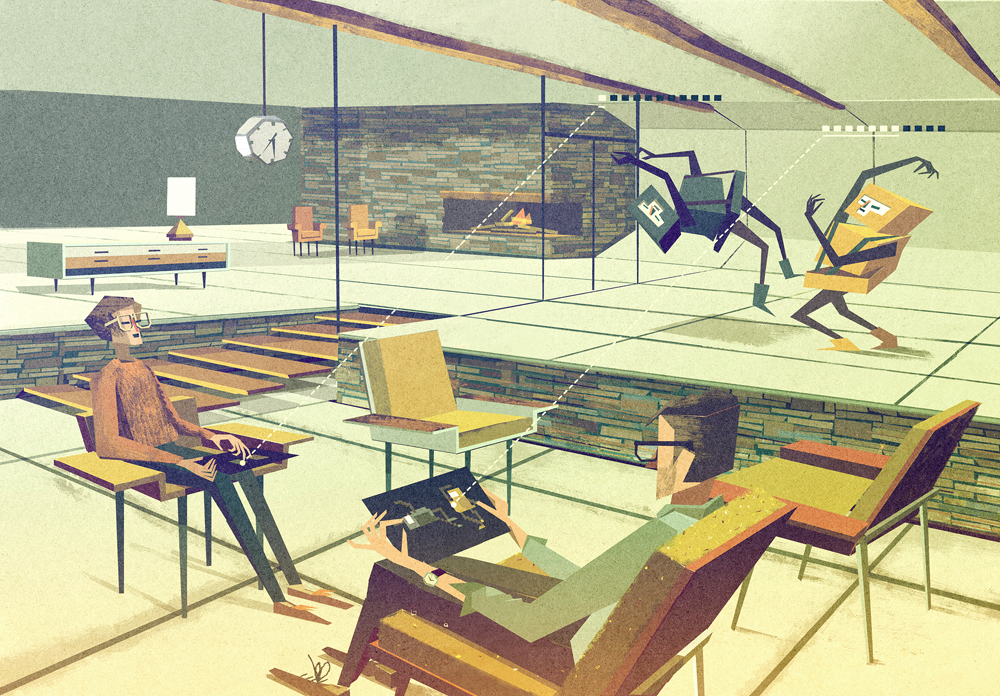 A stylized illustration depicting two seated characters in a modern interior, observing two animated geometric figures engaging in a playful dance. The background features a stone fireplace and contemporary furniture, all rendered in a muted color palette.